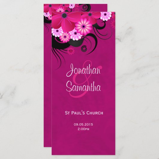 Dark Fuchsia Bloemen Trouwprogramma Sjabloon Kaart (Voorkant / Achterkant)