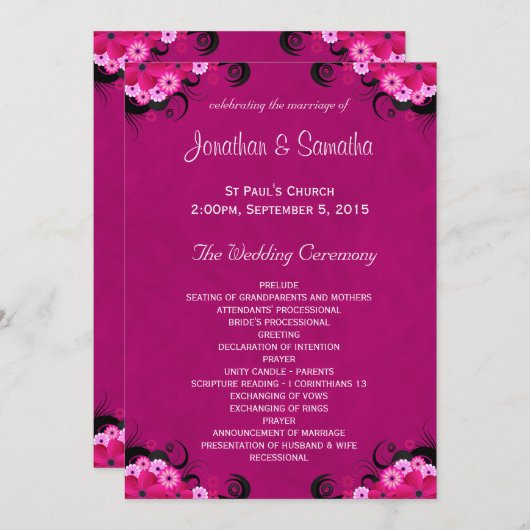Dark Fuchsia Bloemen Vlakke Huwelijksprogramma Sja Programmakaart (Voorkant / Achterkant)