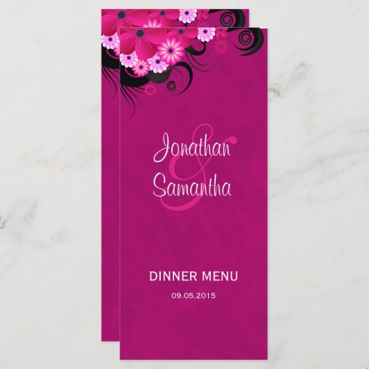 Dark Fuchsia Bloemenbruiloft Diner Menu Kaarten (Voorkant / Achterkant)