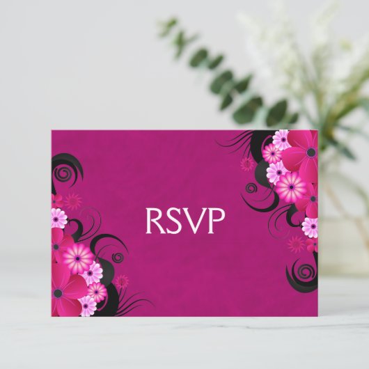 Dark Fuchsia Bloemenbruiloft RSVP Reactie Kaarten (Staand voorkant)
