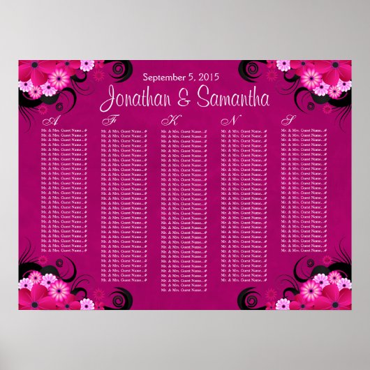 Dark Fuchsia Bloemenbruiloft Tafel Zitkaarten Poster (Voorkant)