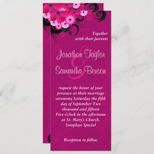 Dark Fuchsia Floral 4 "x 9.25" bruiloft uitnodigin Kaart (Voorkant / Achterkant)
