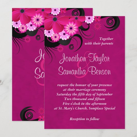 Dark Fuchsia Floral 5" x 7" bruiloft uitnodigingen (Voorkant / Achterkant)