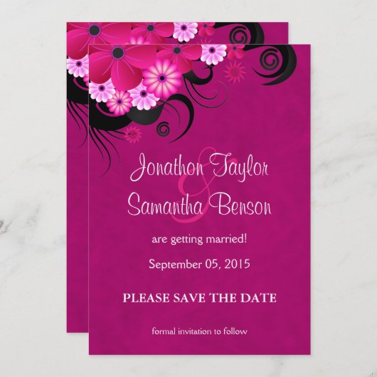 Dark Fuchsia Floral Save The Date Aankondiging (Voorkant / Achterkant)