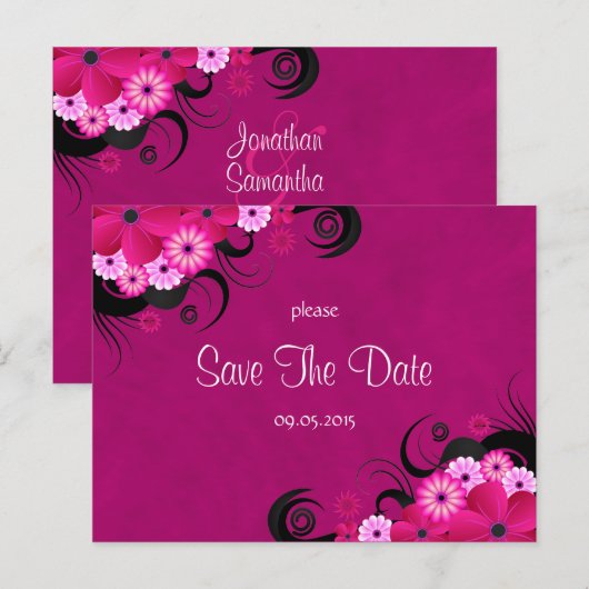 Dark Fuchsia Floral Save The Date Aankondigingen (Voorkant / Achterkant)
