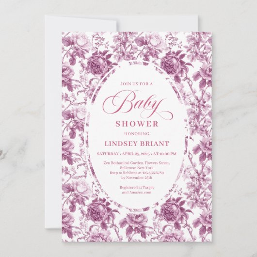 Dark Fuchsia Rose Pattern Toile Baby Shower Invite Kaart (Voorkant)