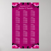 Dark Fuschia Floral 15 Wedding Table Seating Chart Poster (Voorkant)