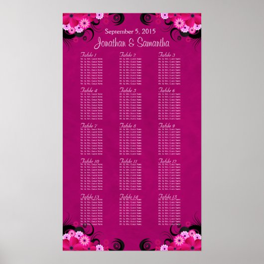 Dark Fuschia Floral 15 Wedding Table Seating Chart Poster (Voorkant)