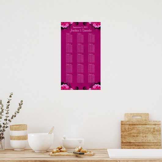 Dark Fuschia Floral 15 Wedding Table Seating Chart Poster (Keuken)