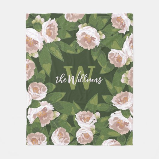 Dark Garden Harmony: Camelia's en groen Fleece Deken (Voorkant)