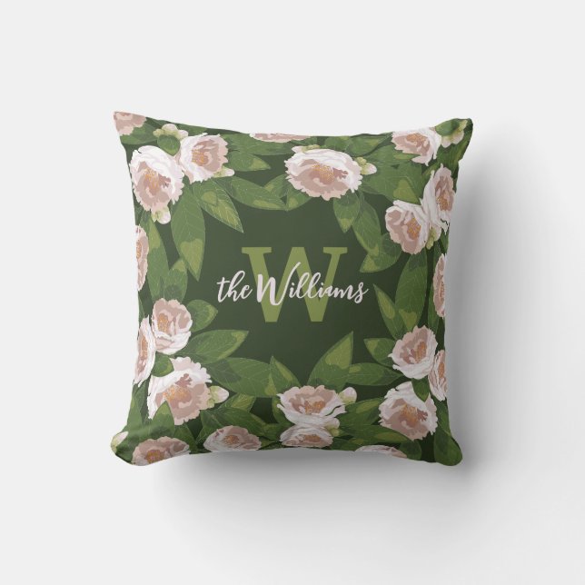 Dark Garden Harmony: Camelia's en groen Kussen (Voorkant)