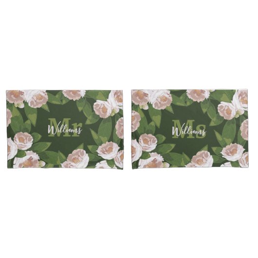 Dark Garden Harmony: Camelia's en groen Kussensloop (Voorkant-Set)