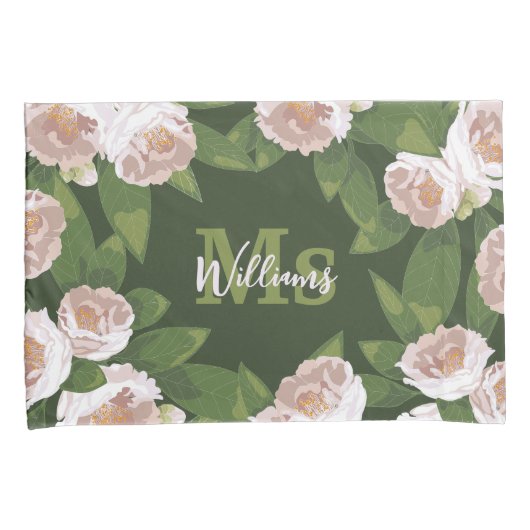 Dark Garden Harmony: Camelia's en groen Kussensloop (Voorkant-Rechts)