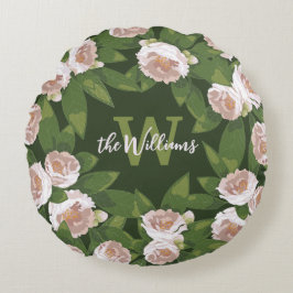 Dark Garden Harmony: Camelia's en groen Rond Kussen