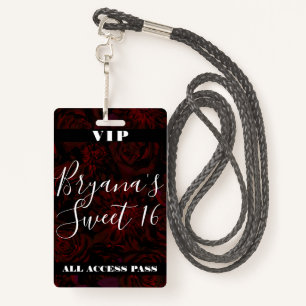 Dark Garden Red Romantic Flowers Sweet 16 VIP pass Badge