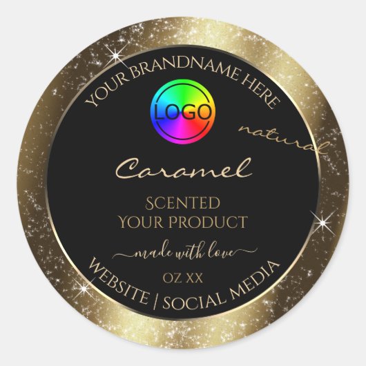 Dark Golden Glitter Lijst Productlabel met Logo Ronde Sticker (Voorkant)