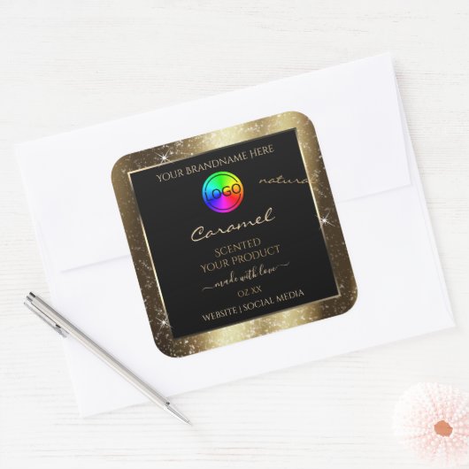 Dark Golden Glitter Lijst Productlabel met Logo Vierkante Sticker (Envelop)