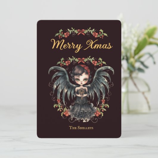 Dark Gothic Angel Christmas Feestdagenkaart (Staand voorkant)