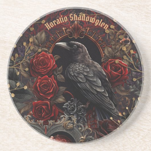 Dark Gothic Beauty Red Roses Black Crow Raven Bird Zandsteen Onderzetter (Voorkant)