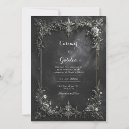 Dark Gothic Black & Silver Metallic Floral Wedding Kaart