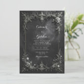 Dark Gothic Black & Silver Metallic Floral Wedding Kaart (Staand voorkant)