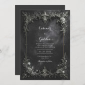 Dark Gothic Black & Silver Metallic Floral Wedding Kaart (Voorkant / Achterkant)