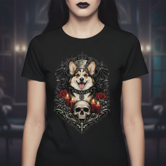 Dark Gothic Corgi With Skull and Candles T-shirt