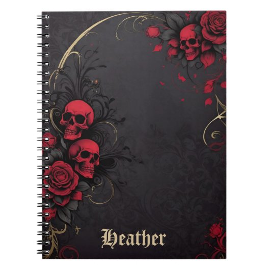 Dark Gothic Floral Skulls Black Red Rose Notitieboek (Voorkant)