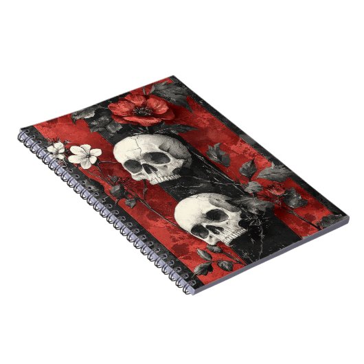 Dark Gothic Floral Skulls Red & Black Stripe Notitieboek (Rechterzijde)