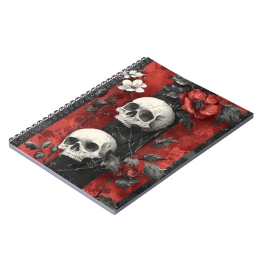 Dark Gothic Floral Skulls Red & Black Stripe Notitieboek (Linkerzijde)