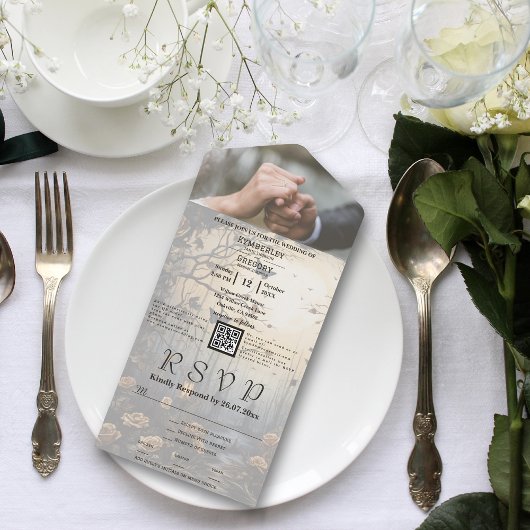 Dark Gothic Forest Bloemen QR Code Foto All In One Uitnodiging