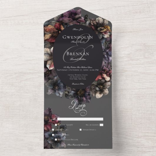 Dark Gothic Moody Waterverf Bloemendiner All In One Uitnodiging (Binnen)