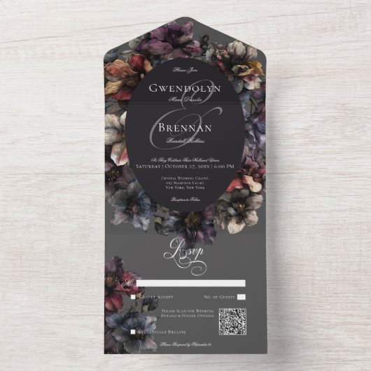 Dark Gothic Moody Waterverf Floral QR Code All In One Uitnodiging (Binnen)