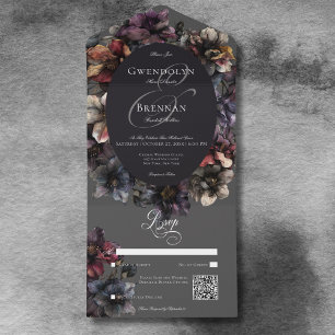 Dark Gothic Moody Waterverf Floral QR Code All In One Uitnodiging