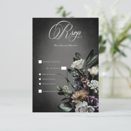 Dark Gothic Mysterieuze Gedempte Bloemen Blur Dine RSVP Kaartje (Staand voorkant)