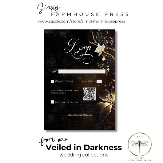 Dark Gothic Mysterieuze Muted Floral QR Code RSVP Kaartje