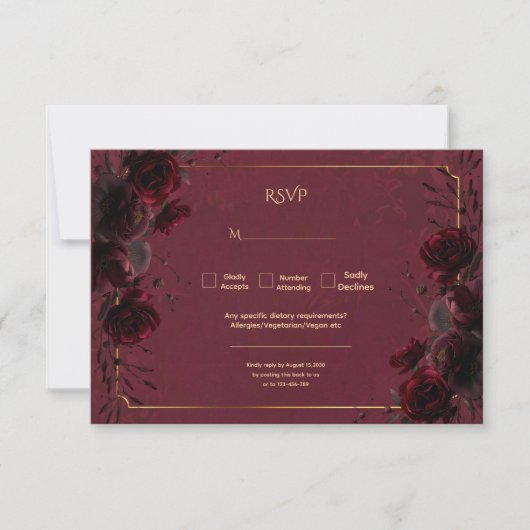 Dark Gothic Romance Roses Wedding RSVP Kaartje (Voorkant)