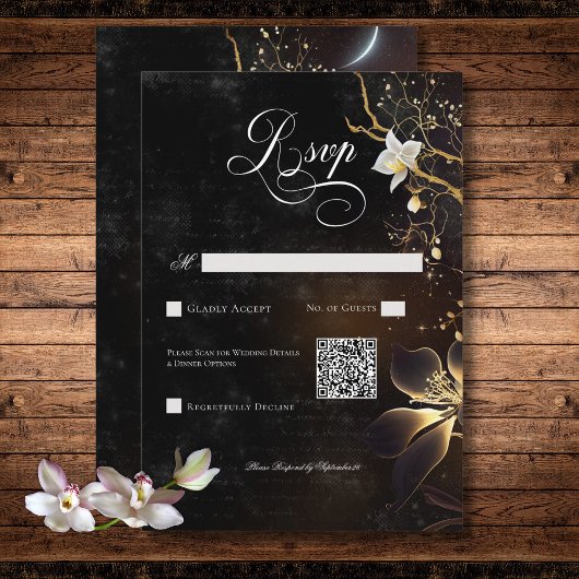 Dark Gothic Zwart & Wit Orchidee Spells QR Code RSVP Kaartje