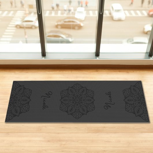 Dark Gray Beautiful Mandala With Custom Name Yogamat
