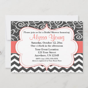Dark Gray Coral Chevron Rol Uitnodiging