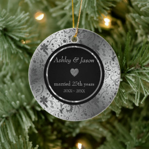 Dark Gray Floral Damask Keramisch Ornament