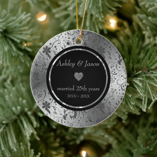 Dark Gray Floral Damask Keramisch Ornament (Boom)