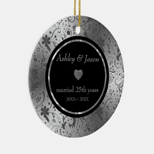 Dark Gray Floral Damask Keramisch Ornament (Rechts)