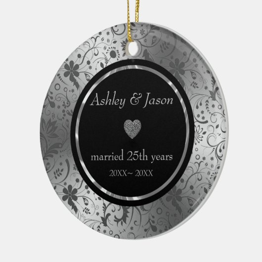 Dark Gray Floral Damask Keramisch Ornament (Links)