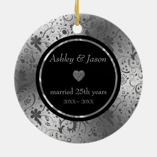 Dark Gray Floral Damask Keramisch Ornament (Achterkant)