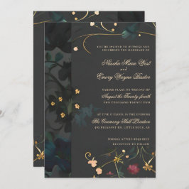 Dark Gray Gothic Boho Abstract Floral Wedding Invi Kaart