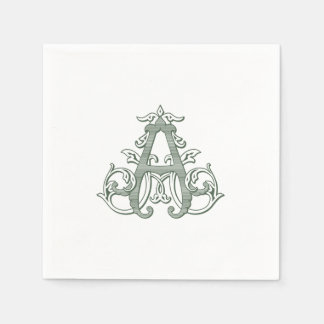 Dark Green "A" Monogram Cocktail Napkins Servet