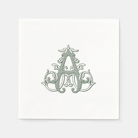 Dark Green "A" Monogram Cocktail Napkins Servet (Voorkant)