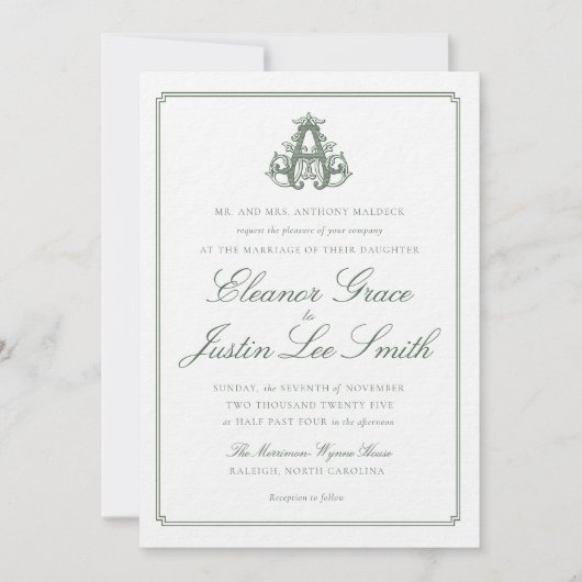 Dark Green "A" Monogram Wedding Invitation Kaart (Voorkant)