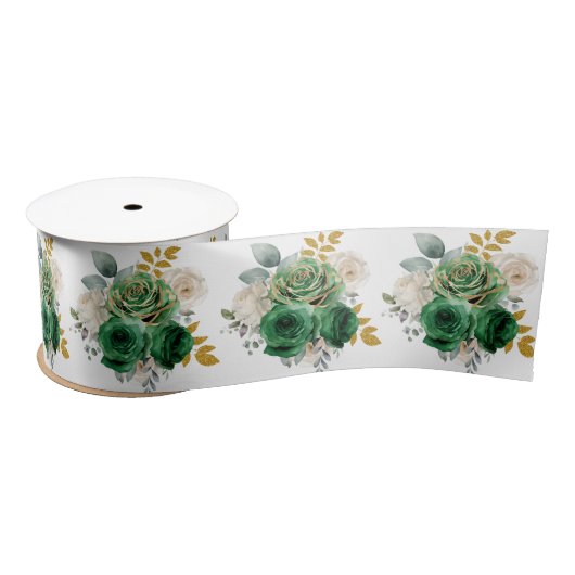 Dark Green and Gold Elegant Flowers Satijnen Lint (Spoel)